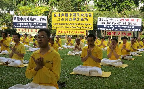 反迫害十六周年，新加坡法轮功学员在芳邻公园举办活动，传播法轮功真相，并将“诉江大潮”广告民众。