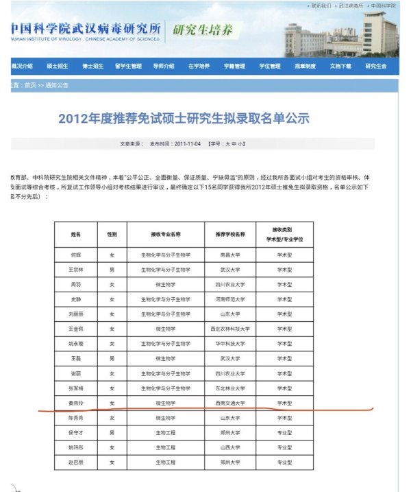武汉病毒研究所网页上与黄燕玲相关的信息