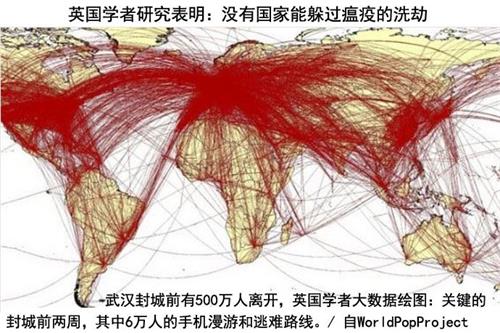 '图：英国研究者大数据绘制6万武汉逃难者的旅行路线图，预测瘟疫的世界性爆发。'